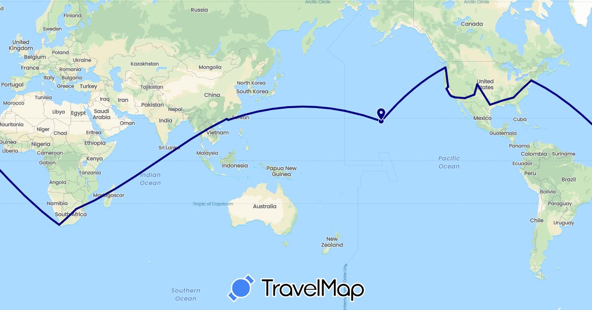 TravelMap itinerary: driving in China, United States, South Africa (Africa, Asia, North America)